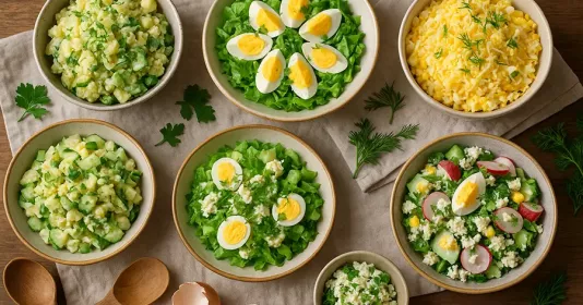 Домашние салаты с яйцами, сыром и зеленью в разных вариантах